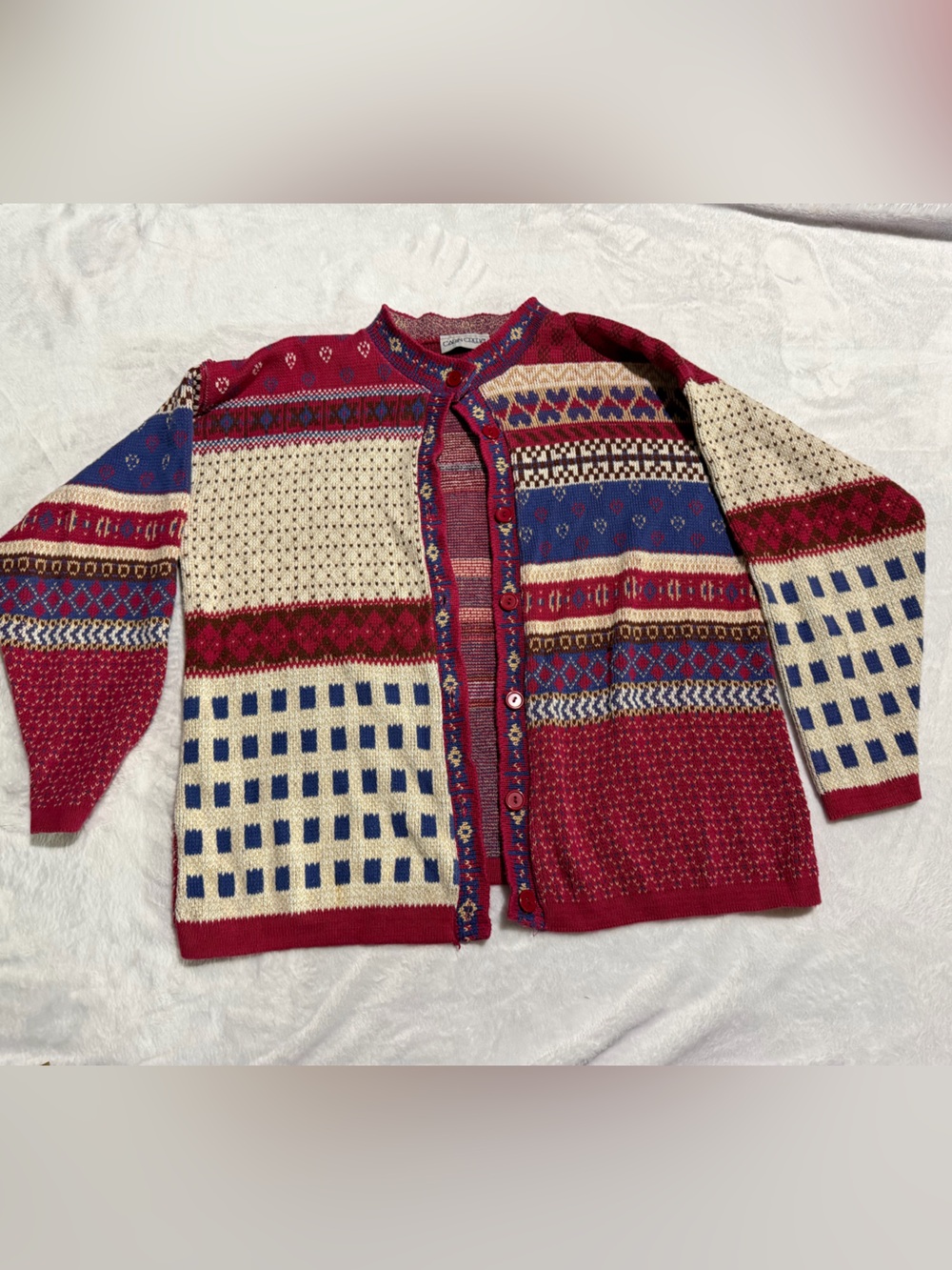 Vintage Cabin Creek Geometric Patchwork Knit Cardigan Grandpa Sweaters - Picture 1 of 6